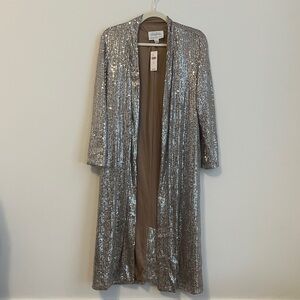 Anthropologie Silver Sequin Long Open Front Duster